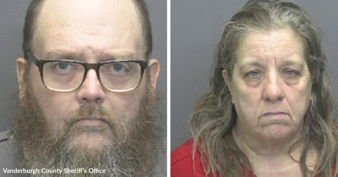 Side-by-side mugshots of a bearded man with glasses and a woman in a red top against gray backgrounds.
