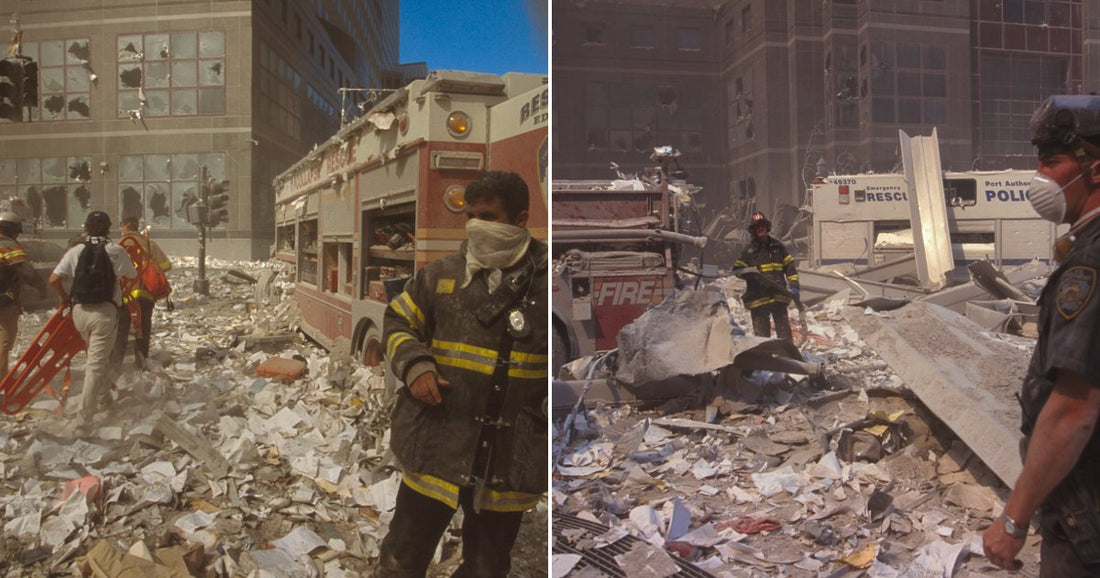 On the left, rescue workers in gear carry equipment through debris-strewn streets near fire trucks and damaged buildings; on the right, a masked officer stands amid rubble near emergency vehicles.