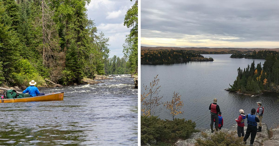 Split image of a canoe on a river and four people overlooking a large wilderness lake.