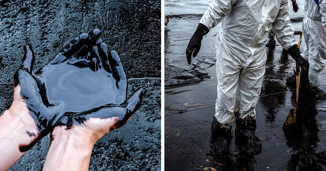 Side-by-side images of oil-covered hands holding pooled crude and workers in protective suits cleaning an oil-soaked shoreline.