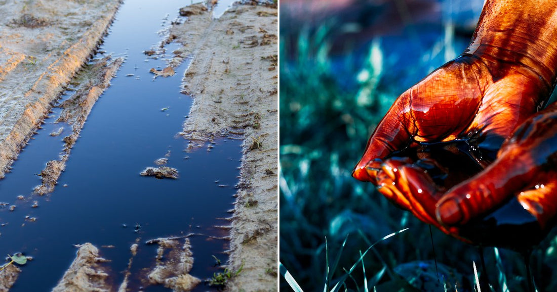 On the left, muddy slurry pours from a metal pipe; on the right, hands coated in dark oil hold pooling liquid over grass.