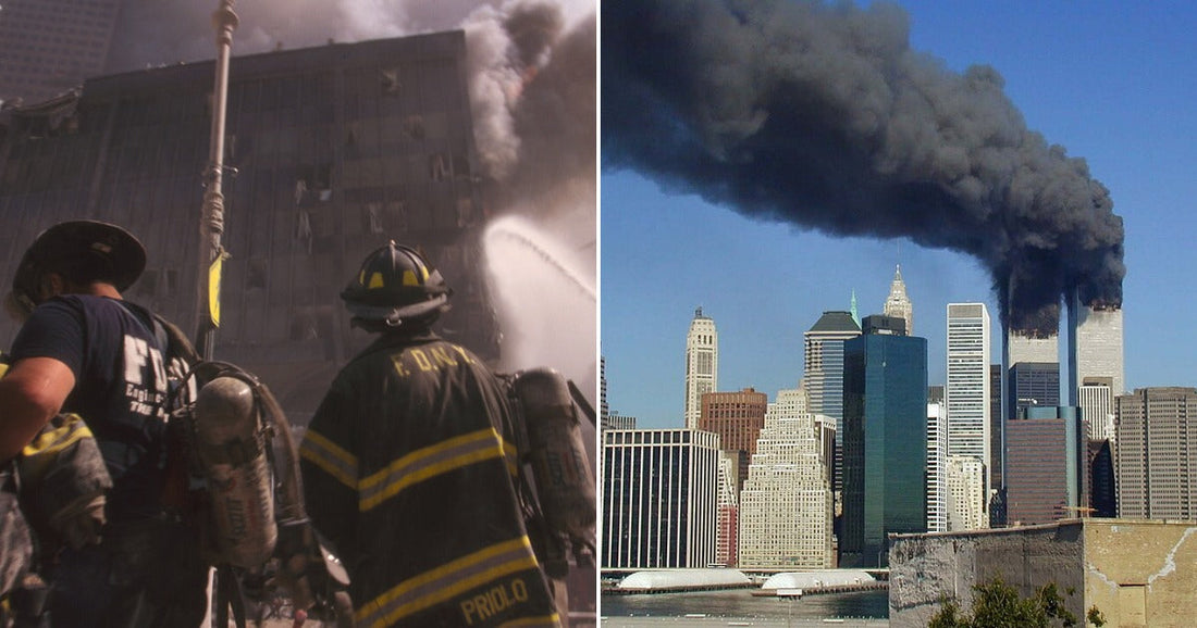 On the left, FDNY firefighters in gear face a smoke-filled damaged building; on the right, the Twin Towers burn with massive black smoke over the New York City skyline.