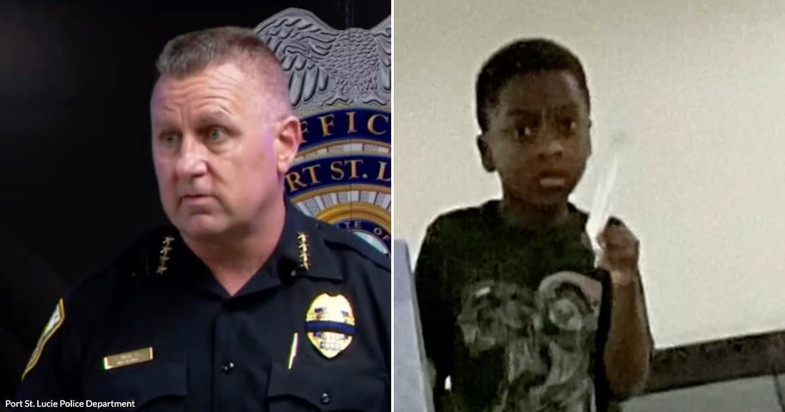 On the left, a middle-aged man in a dark police uniform stands before a law enforcement insignia; on the right, a young boy holds up a white object indoors.