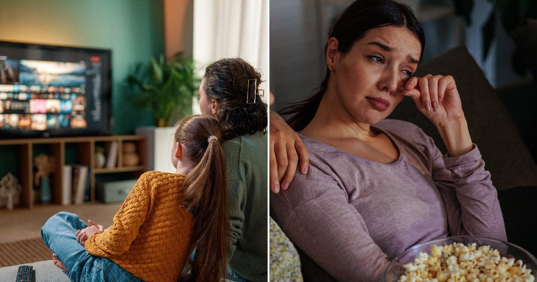 On the left, three people sit on a couch browsing a streaming service on a large TV; on the right, two women watch a movie together, one wiping away tears.