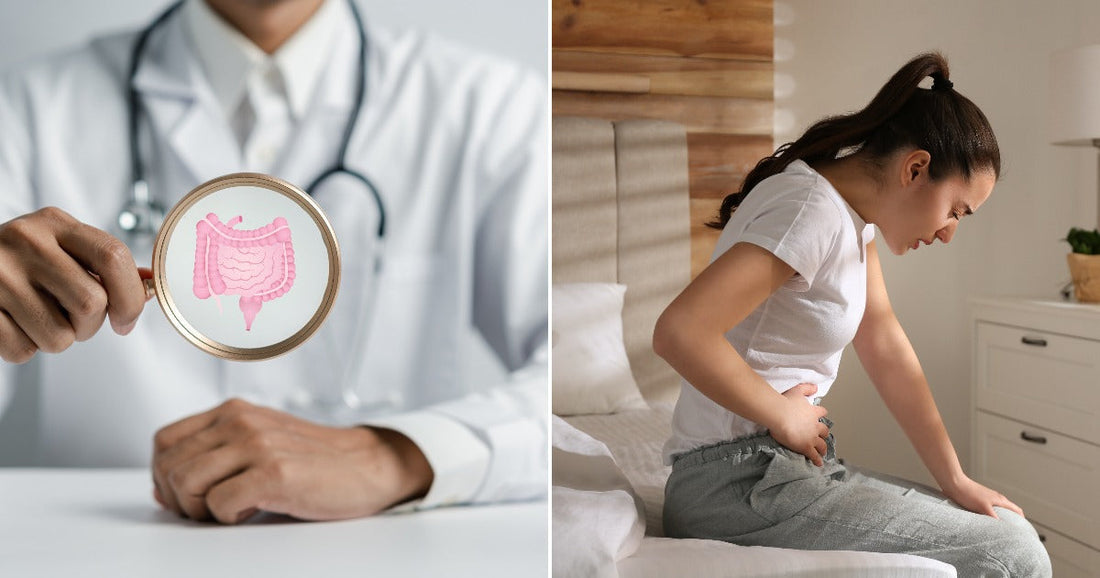 On the left, a doctor holds a magnifying glass over a colon illustration; on the right, a young woman sits on a bed clutching her stomach in pain.