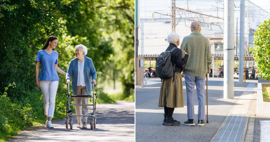 Left, a woman walks using a walker with the help of a nurse.Right, an elderly couple looking away in an urban setting.