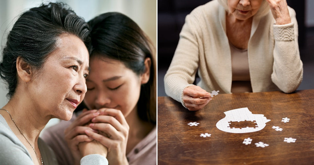 On the left, two women share a tender moment, holding hands cheek to cheek; on the right, an elderly woman sits alone at a table working on a jigsaw puzzle.