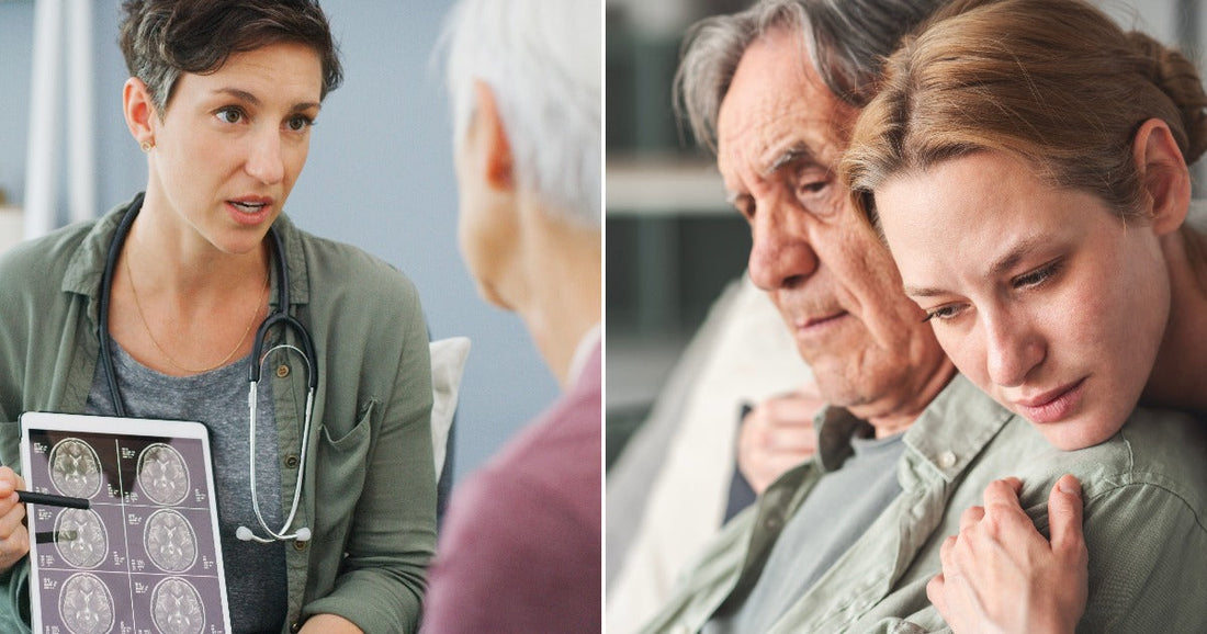 On the left, a doctor shows brain scans on a tablet to an elderly patient; on the right, a young woman embraces a somber older man on a sofa.