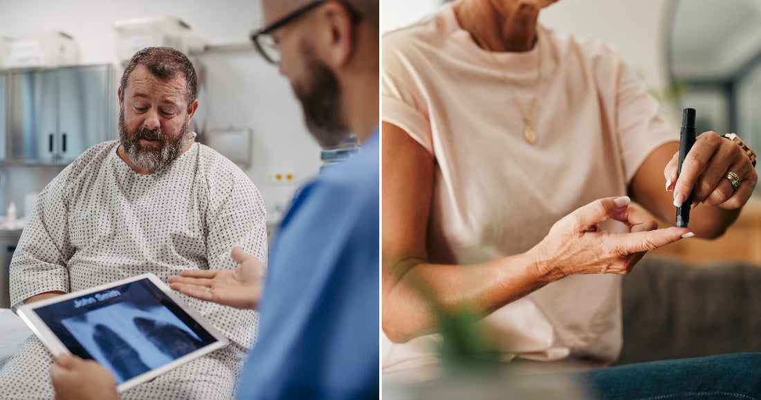 On the left, a bearded man in a hospital gown reviews scans on a tablet with a healthcare worker; on the right, a woman checks her blood sugar at home.