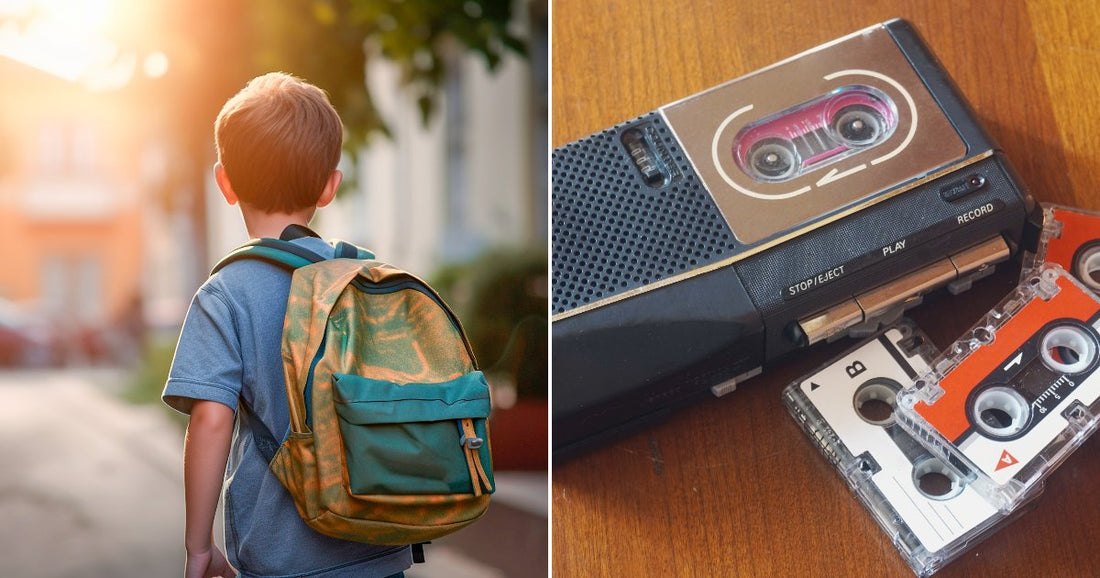 On the left, a young boy with a backpack walks down a sunlit street; on the right, a vintage cassette recorder sits beside several cassette tapes on a wooden surface.