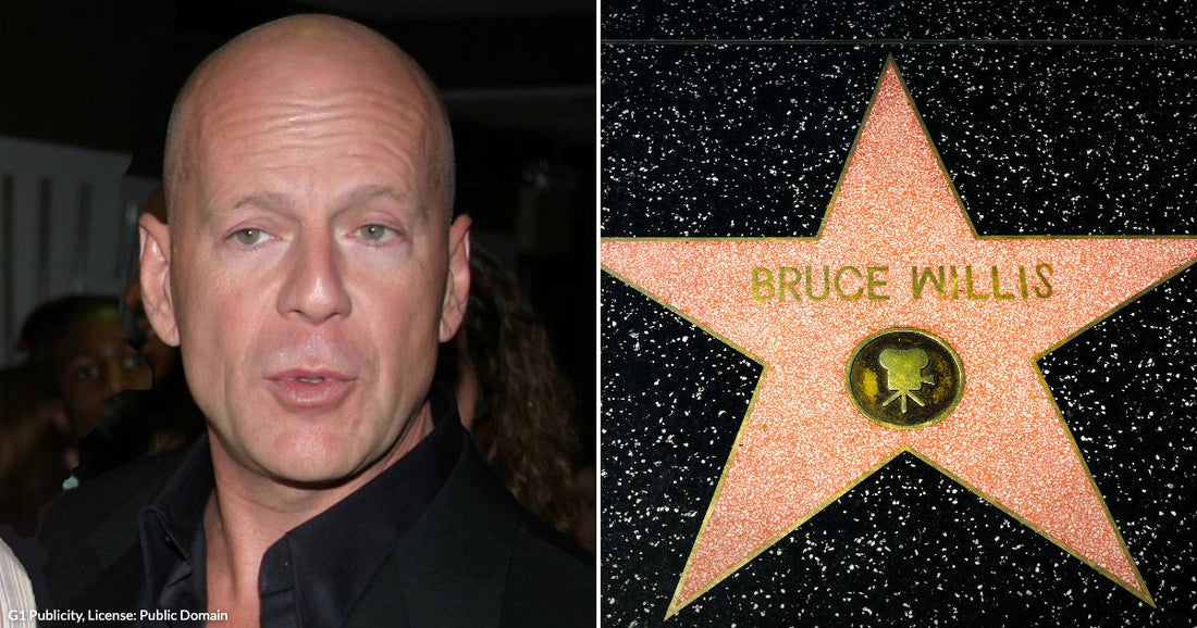On the left, a bald man in a black suit stands at an event; on the right, a pink Hollywood Walk of Fame star reads "Bruce Willis.