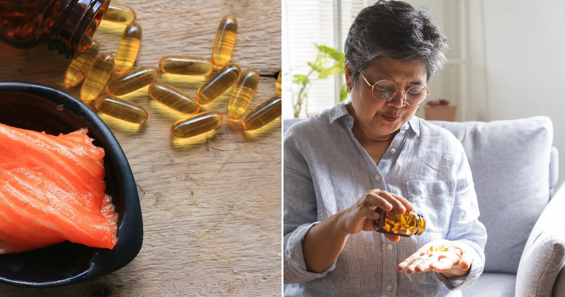 On the left, salmon and fish oil capsules rest on a wooden surface; on the right, an older woman pours fish oil supplements from a bottle into her hand.