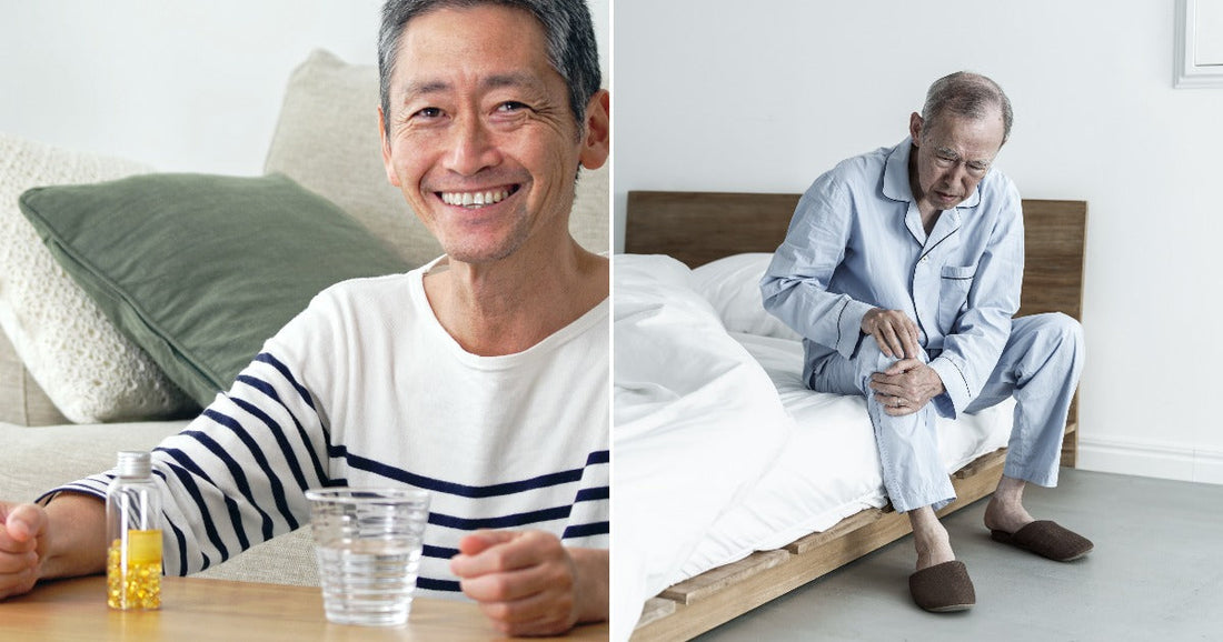 On the left, a middle-aged man smiles at a table with supplements and water; on the right, an older man in pajamas sits on a bed holding his knee.