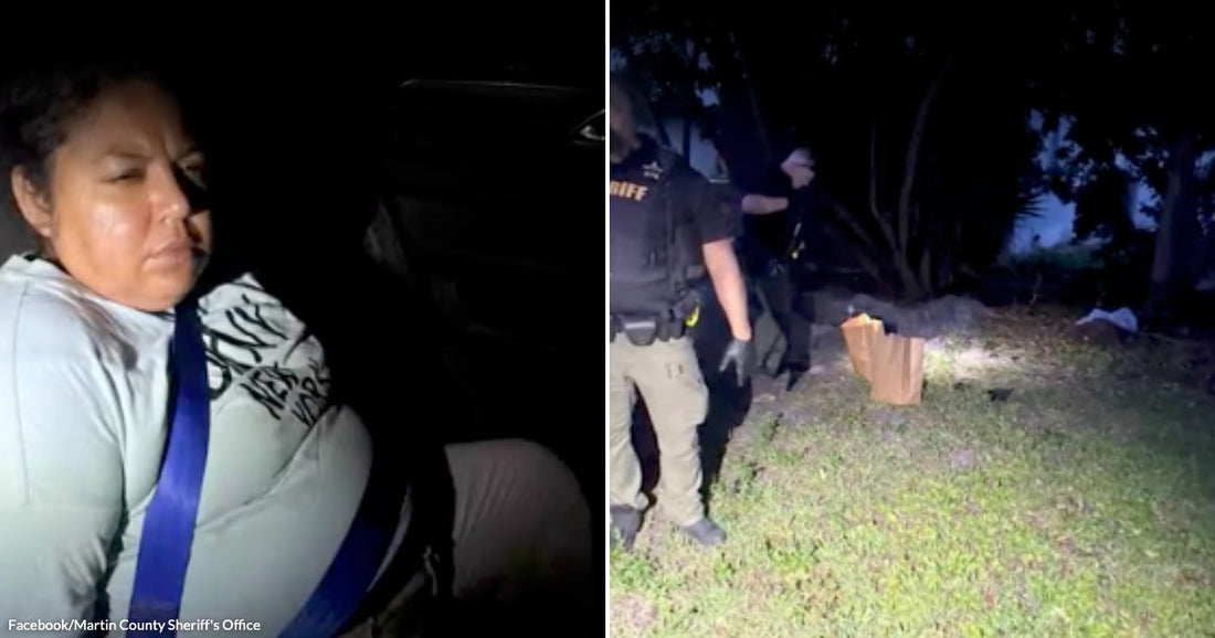 On the left, a woman sits in a vehicle at night wearing a seatbelt; on the right, sheriff's deputies stand outdoors at night near bags on the ground.