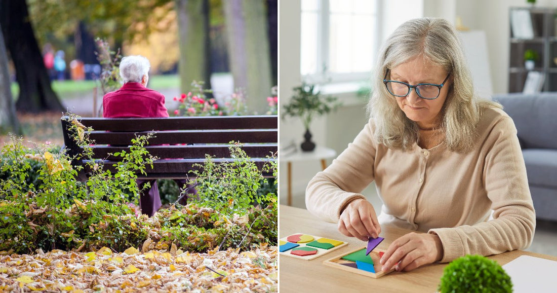Left, An older woman sits alone on a bench at a park. Right, a woman sits at a table completing a puzzle.