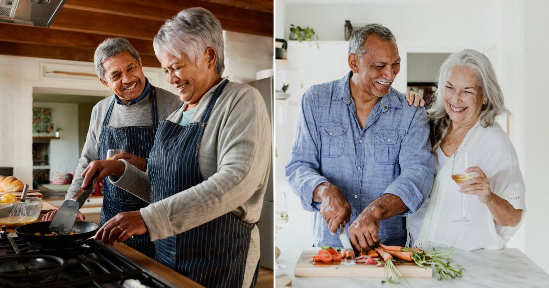 Left, a couple prepares food in a home kitchen. Right, a couple cuts up vegetables at a counter indoors.