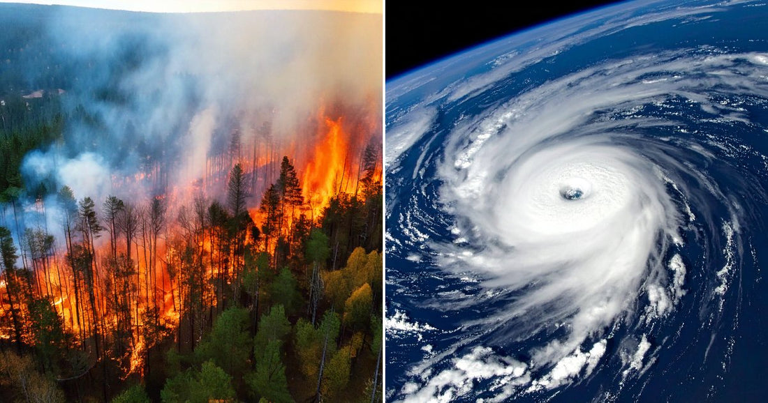 On the left, a wildfire blazes through a dense forest at dusk; on the right, a massive hurricane swirls over the ocean, photographed from space.