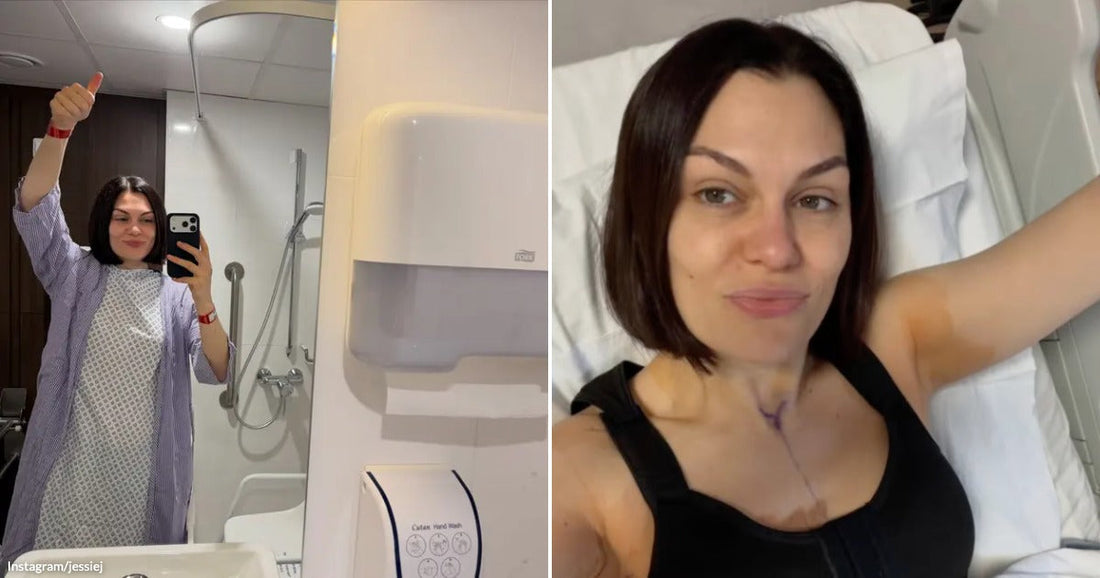 On the left, a dark-haired woman in a hospital gown gives a thumbs-up in a bathroom mirror; on the right, the same woman rests in a hospital bed, smiling.