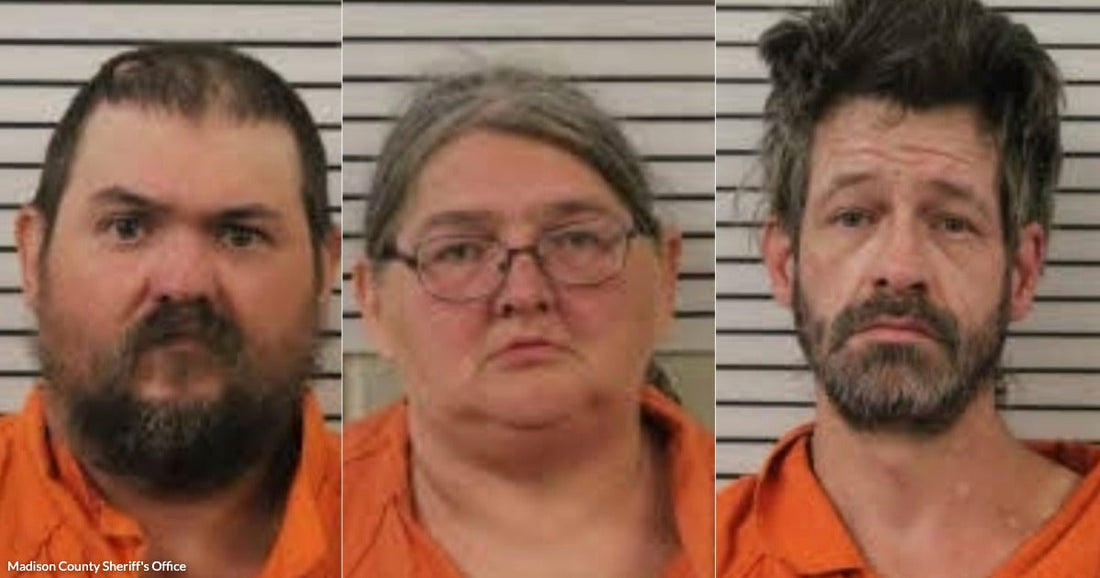 Three individuals in orange jail jumpsuits pose for mugshots against a striped background, appearing to be under arrest.