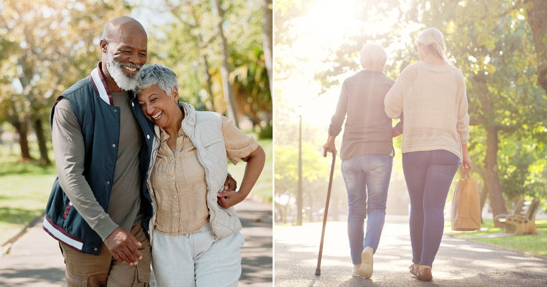Left, an elderly couple embrace while walking outdoors. Right, a couple walks on a path on a sunny day.