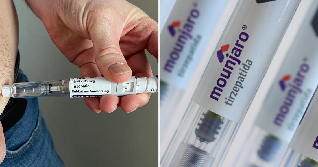 On the left, a person injects a Tirzepatid KwikPen into their abdomen; on the right, multiple Mounjaro tirzepatida injectable pens are displayed in a row.