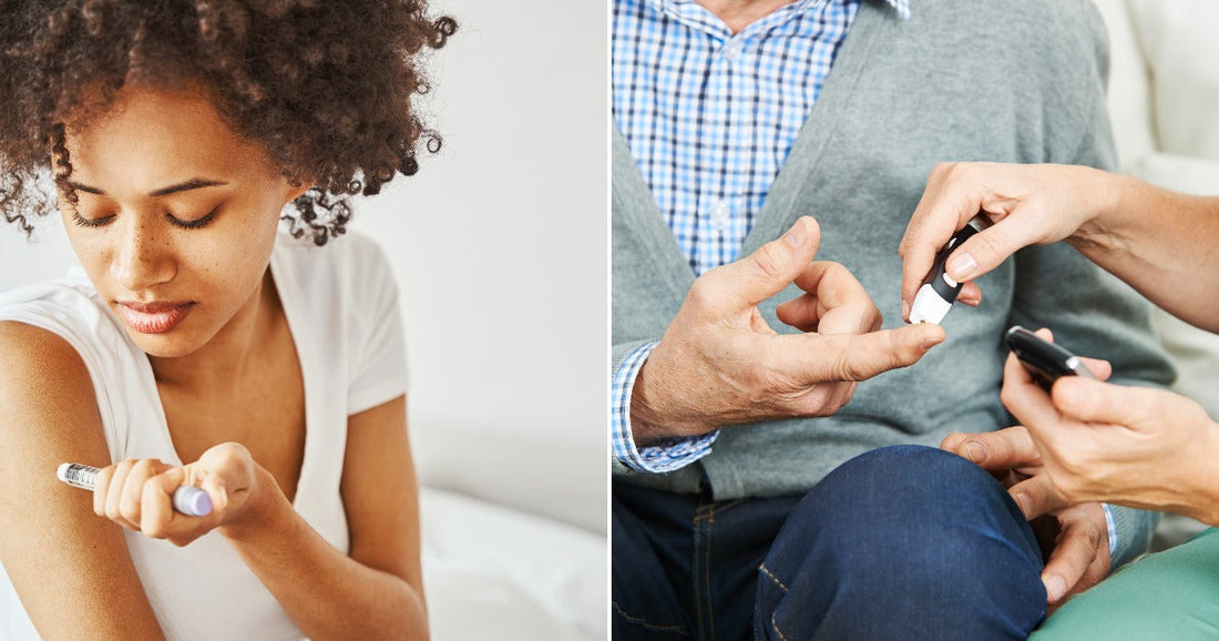 On the left, a young woman self-administers an injection into her upper arm; on the right, a healthcare worker performs a finger-prick blood glucose test on an older man.