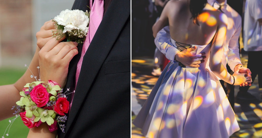 On the left, a wrist corsage and boutonniere are pinned to a dark suit; on the right, a couple dances under colorful spotlight patterns at a formal event.