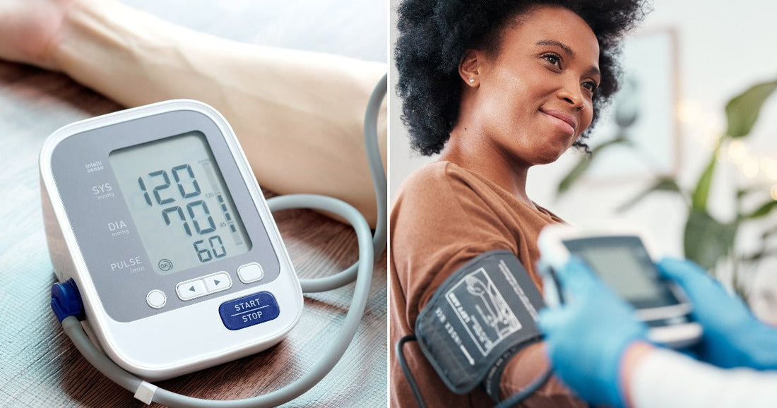Left, numbers on the screen of a blood pressure machine. Right, a woman smiles as her blood pressure is taken.