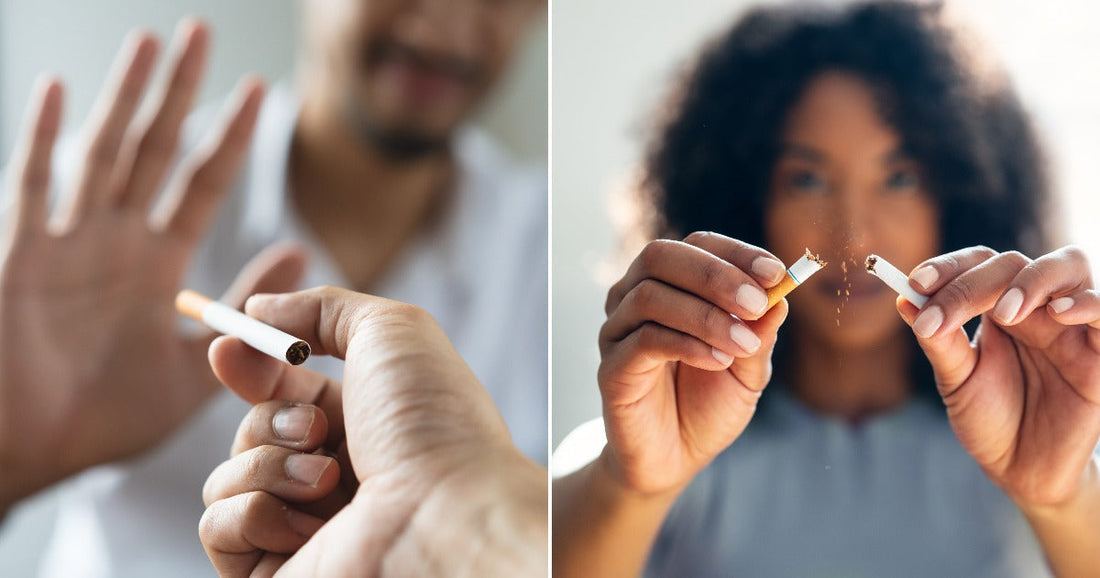 Left, a man refuses an offered cigarette. Right, a woman breaks a cigarette in half.