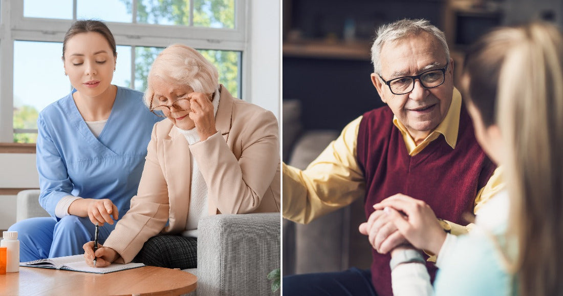 On the left, a nurse helps an elderly woman review notes on a sofa; on the right, an older man with a cane converses warmly with a young woman.