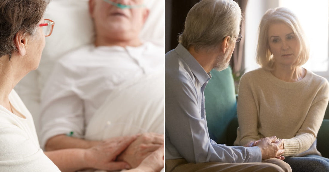 Left, A woman holds the hand of a man in a hospital bed..Right, A woman with white hair embraces a man with white hair from behind,
