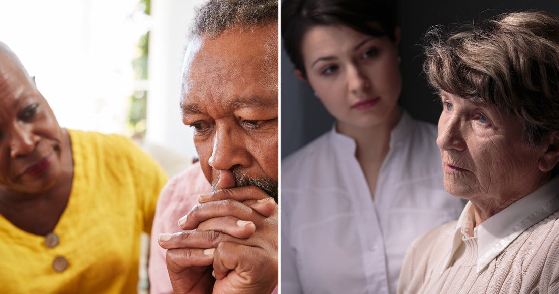 On the left, two older adults sit together indoors, one looking distressed; on the right, an elderly woman gazes away while a younger woman watches her.