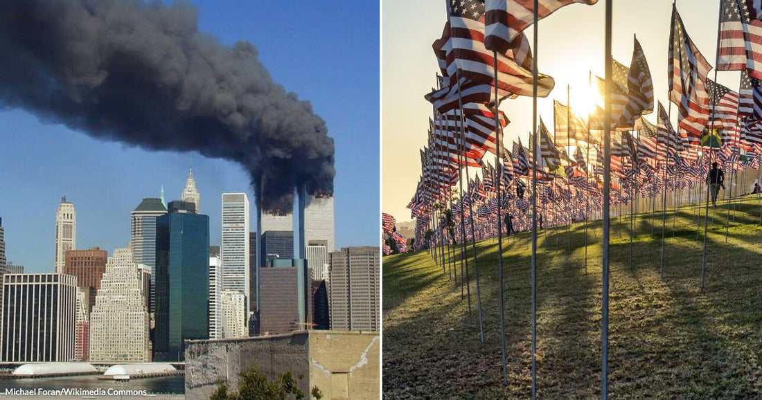 On the left, two skyscrapers billowing thick black smoke tower over a city skyline; on the right, hundreds of American flags wave on a sunlit green hillside.