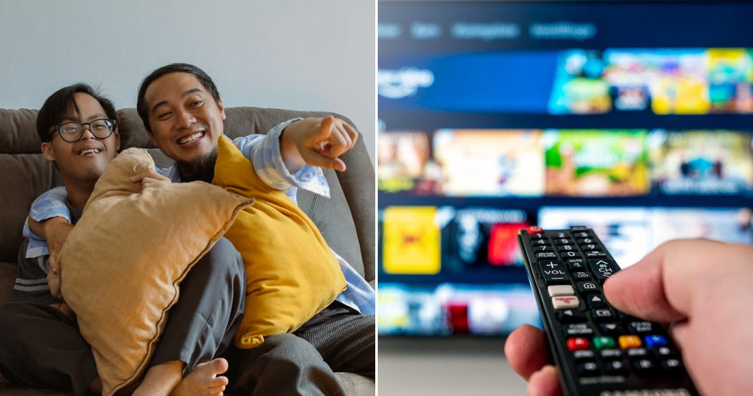 On the left, two smiling men sit on a couch holding pillows; on the right, a hand points a remote control toward a blurry streaming TV screen.