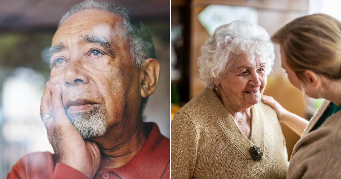 On the left, an elderly man gazes pensively out a window; on the right, a younger woman comforts an elderly white-haired woman indoors.