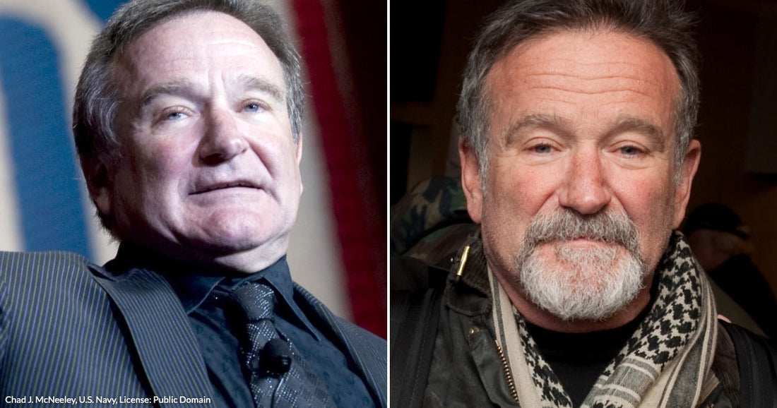 On the left, a middle-aged man in a dark suit and tie looks upward; on the right, an older man with a gray beard wears a patterned scarf indoors.