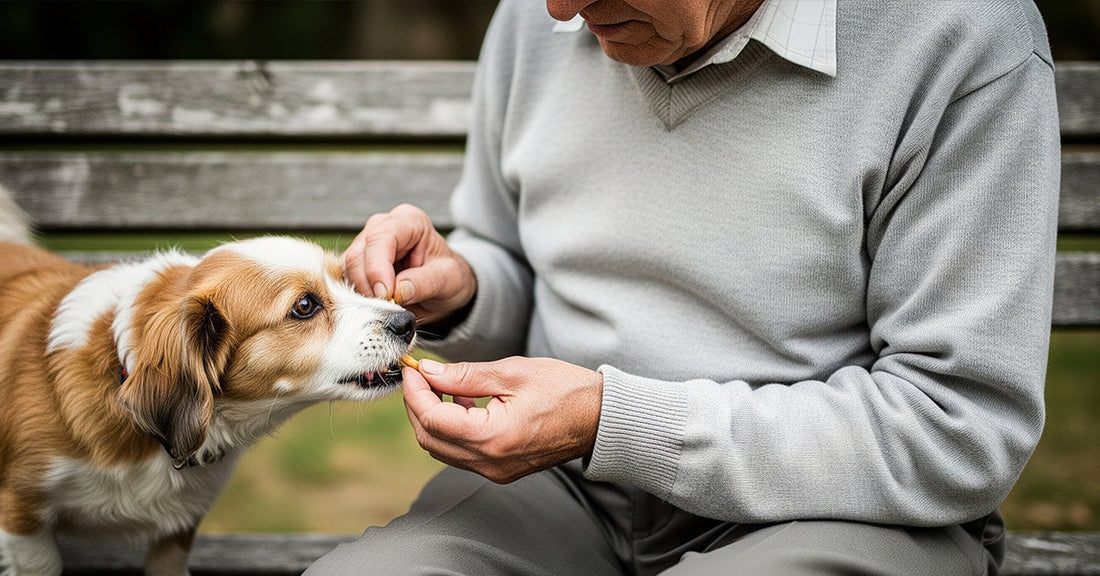 An elderly man shares a snack with a playful dog on a park bench.
