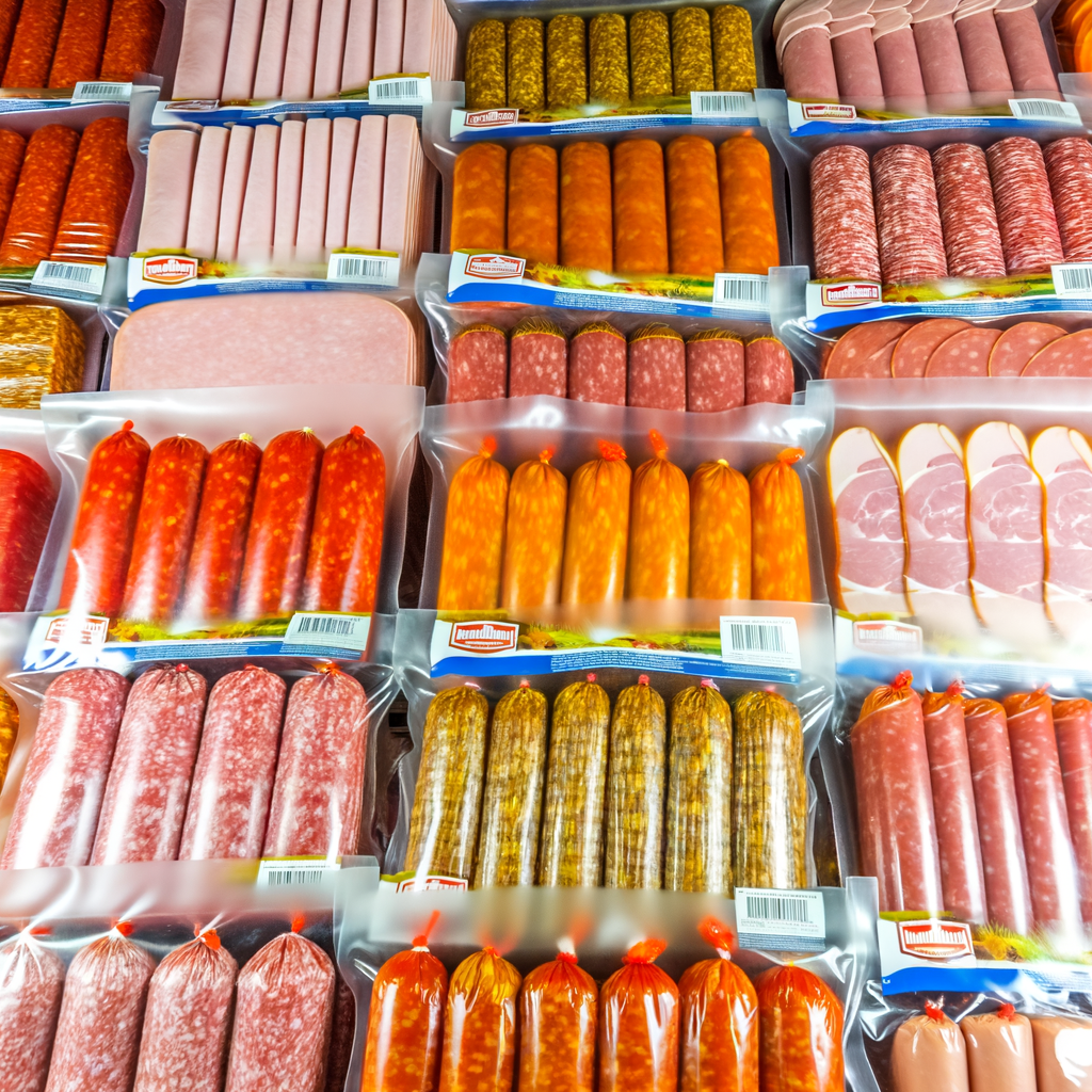 Assorted packaged deli meats on display