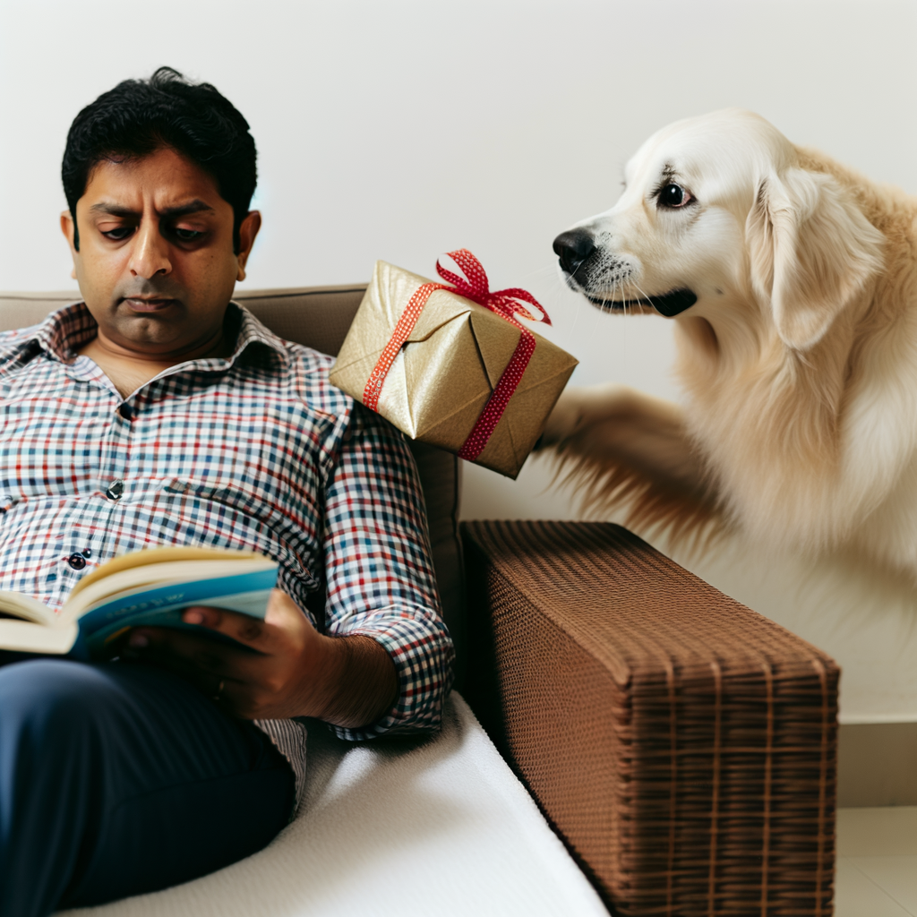 Golden retriever surprising boyfriend with gift