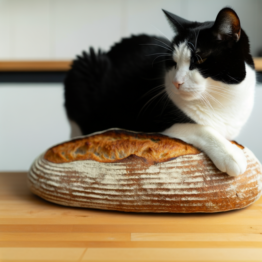Tuxedo cat sitting on sourdough bread
