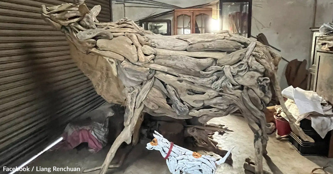 Sculpture of a horse made from driftwood, with a toy dog nearby.