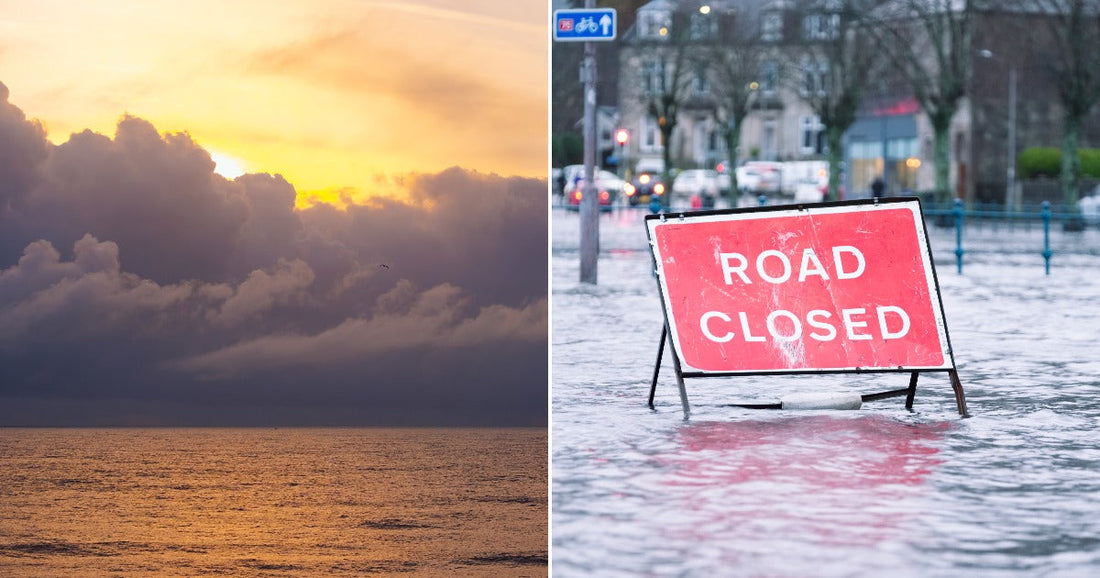 On the left, dramatic storm clouds frame a golden ocean sunset; on the right, a flooded urban street bears a red "Road Closed" sign amid standing water.