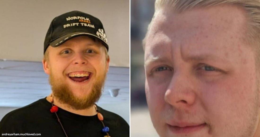 On the left, a young blond man with a small earring looks forward outdoors; on the right, a bearded man in a "Norfolk Drift Team" cap smiles broadly indoors.