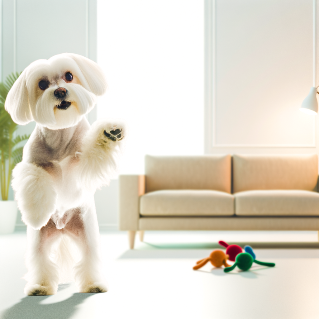 A playful dog standing in a bright living room.