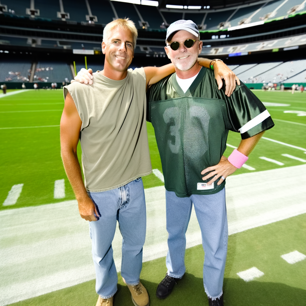 Two smiling men posing on a football field.