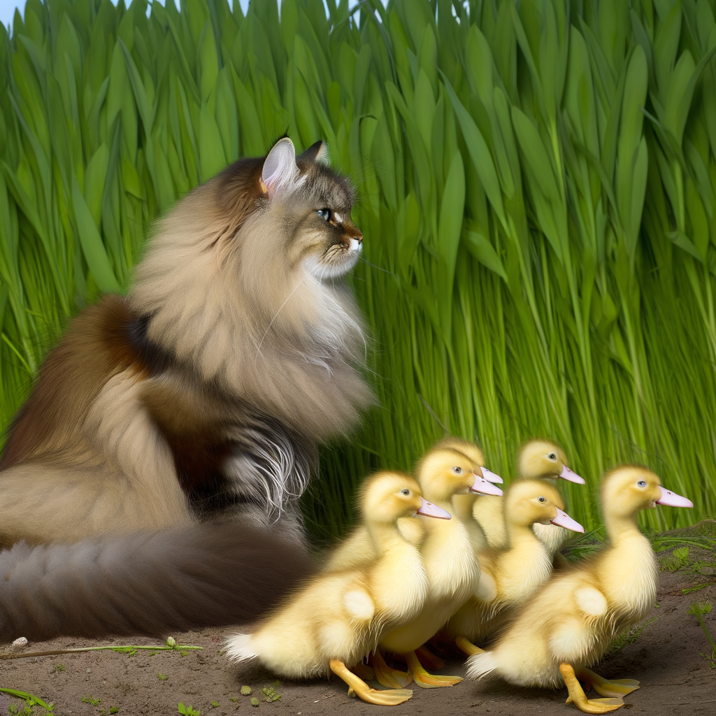 Fluffy cat watching a line of adorable ducklings.