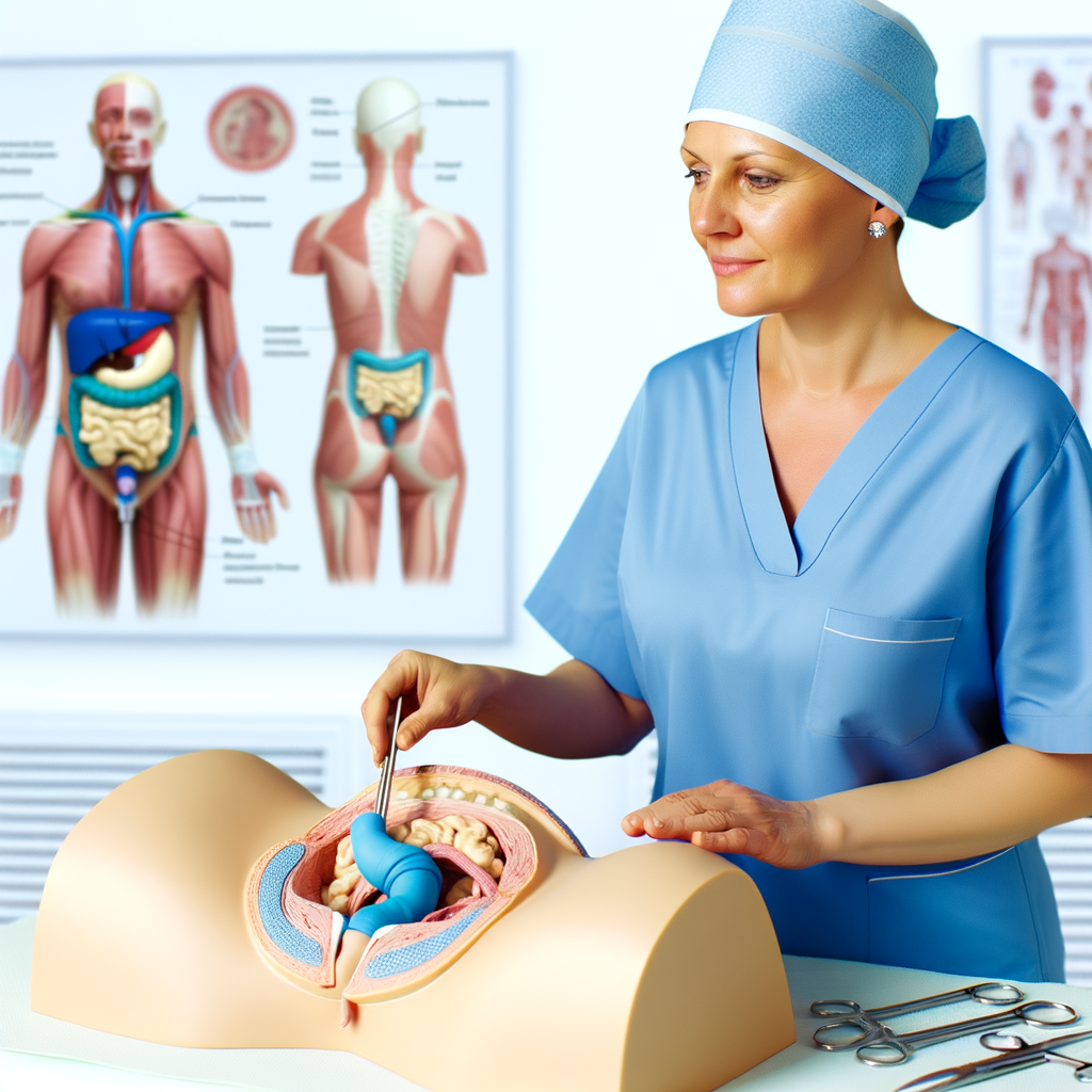 Medical professional examining a model of human anatomy.