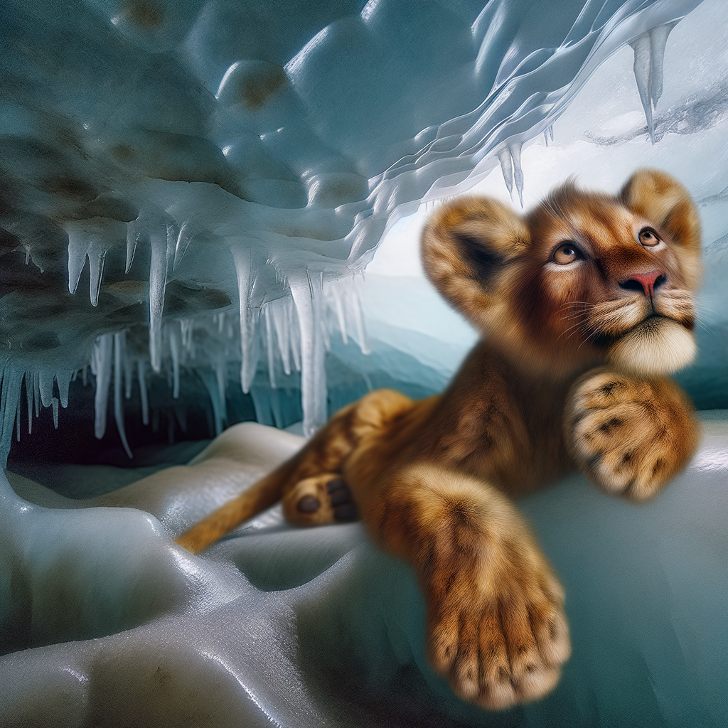 Young lion cub resting in an icy cave.