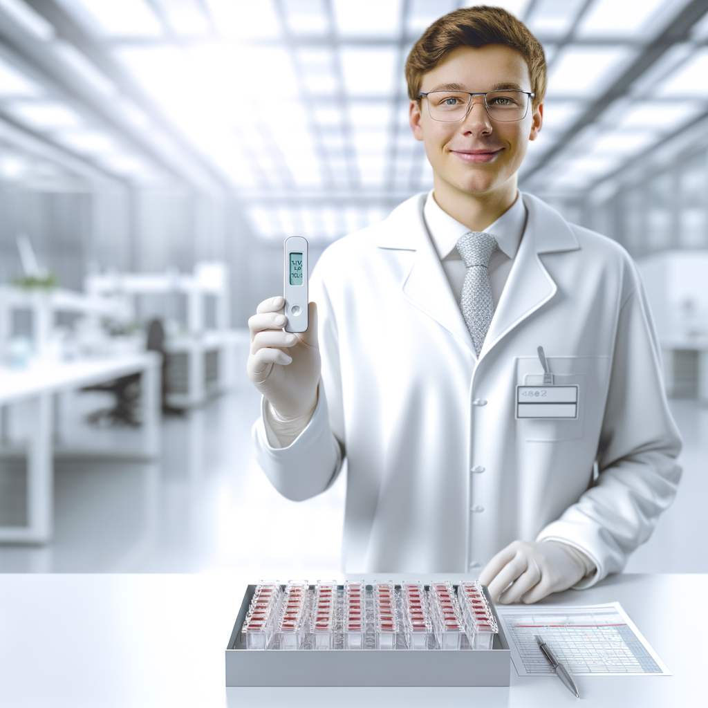 Lab technician holding a device in a modern lab.