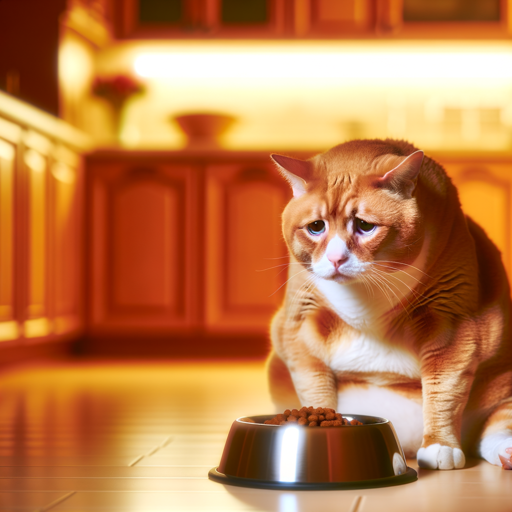 Sad cat sitting by its food bowl in the kitchen.